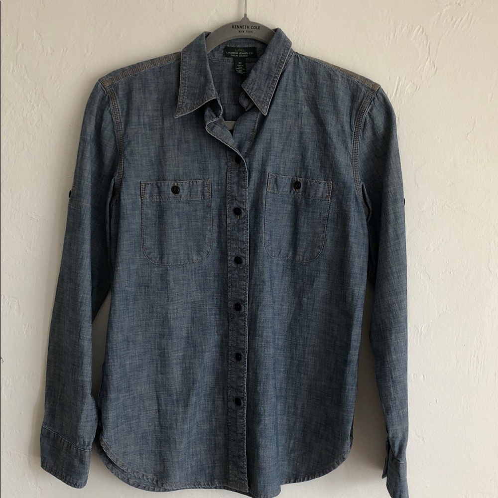 "Lauren Ralph Lauren Jeans Co. Blue Chambray Button Down Shirt, Roll Tab Sleeve"